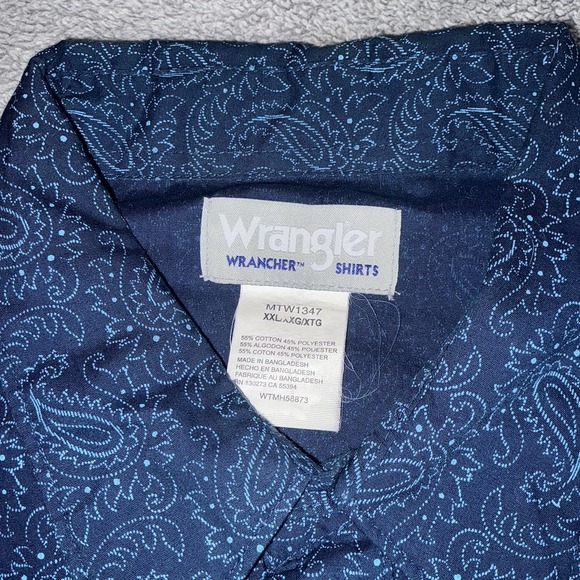 Wrangler Wrancher Men's Blue Paisley Long Sleeve Shirt XXL Pearl Snaps Western - Picture 3 of 6